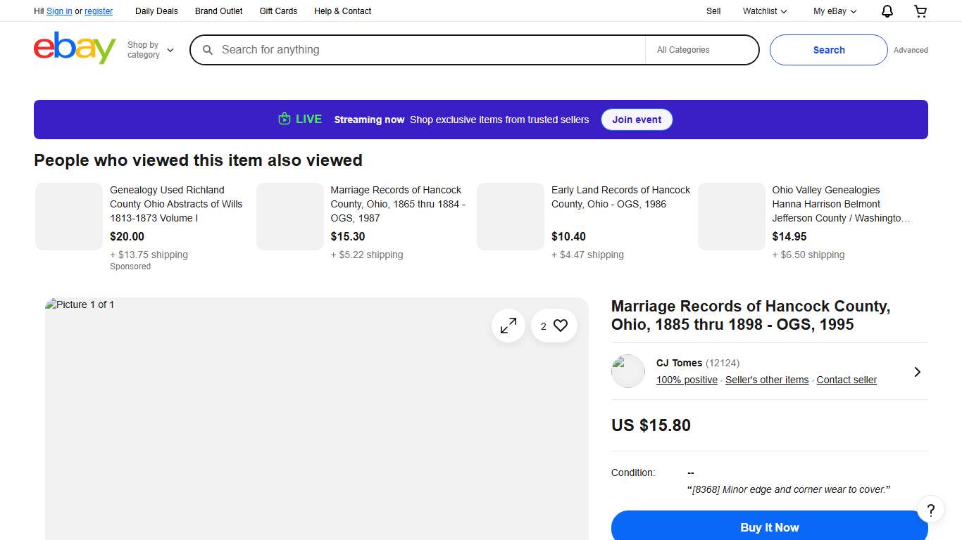 Marriage Records of Hancock County, Ohio, 1885 thru 1898 - OGS, 1995 eBay